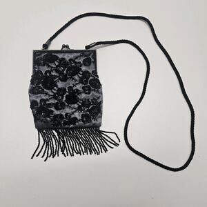 Lacome Beaded Floral Evening Bag Clutch Purse Embellished Fringe Gatsby Flapper